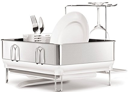 simplehuman Compact Steel Frame Dish Rack with Wine Glass Holder, Brushed Stainless Steel, White