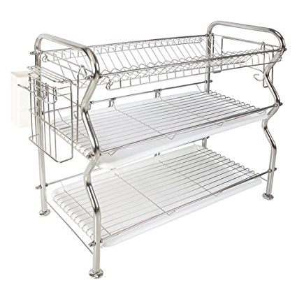 3-Tier Dish Rack,NEX Stainless Steel Cup Utensil Drying Rack Drainer Dryer Tray Holder with Cutlery Rack and Cutting Board Holder for Kitchen Counter