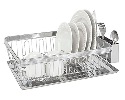 Kitchen Details Diamond Pave Dish Rack With Cup & Tray, Chrome, 17.7x13.5x5.3 Inches