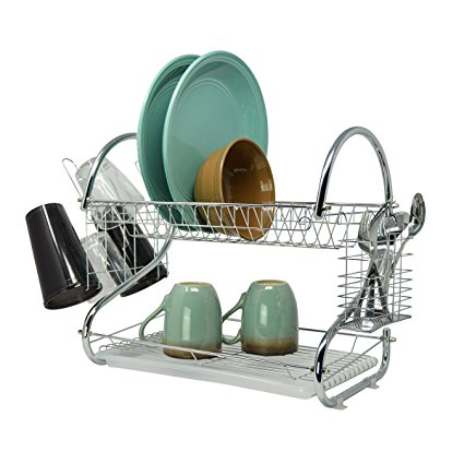 Chrome Compact 2 Tier S Shape Dish Dry Rack with Cup Rack - 16 x 9.75 x 15 H