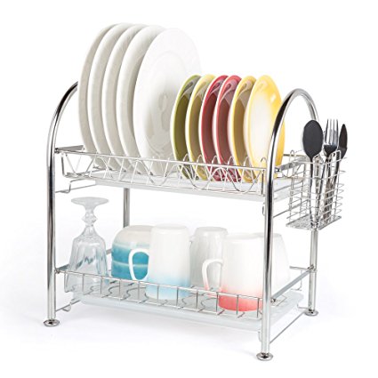 Hoomeet 2-Tier Dish Rack stainless steel dish drainer with Cutlery holder & 2 Dip Trays