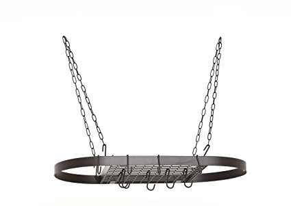 Oval Hanging Pot Rack with Grid & 12 Hooks, Matte Black, 33