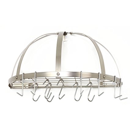 Single Piece Satin Nickel Half-Round Pot Rack, 22-Inch, 12 Hooks, Mounted, Metal, Compact Wall-Mount Pot Rack Adds Extra Storage, Lacquered For Easy Maintenance, Copper-Plated Or Powder-Coated