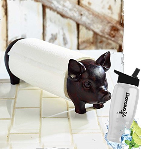 Gift Included- Decorative Farmhouse Kitchen Countertop Pig Paper Towel Holder + FREE Bonus Water Bottle by Homecricket