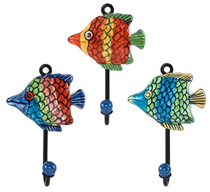 Hand-Painted Ceramic Fish Wall Hooks, Mixed Set of 3 - 5.5