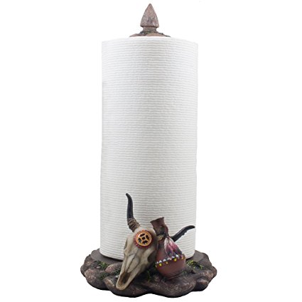 Decorative Southwestern Paper Towel Holder Sculpture with Bull Skull, Pottery and Indian Arrowhead on Display Stand in Western & Southwest Kitchen Decor and Native American Art Gifts