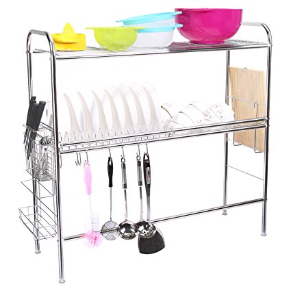 Corodo Stainless Steel Dish Rack, 2-Tier Large Dish Drying Rack with Cutting Board Holder and Knives Forks Chopsticks Holder, Non Slip Sink Dish Rack