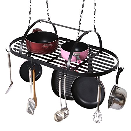 MyGift Ceiling Mounted Hanging Kitchen Pots & Pans Organizer Rack with 10 Removable Dual Hooks, Black