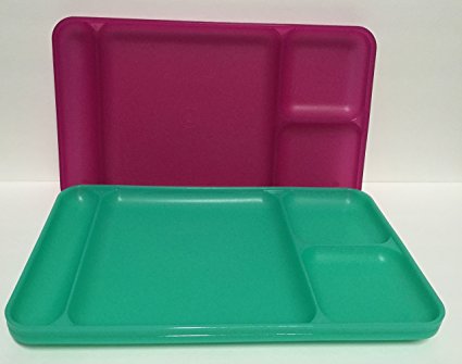 Tupperware Divided Dining TV Trays Picnic Kids Lunch Plates Set of 4 Pink Green