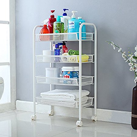 Homdox 3/4/5-Tier Wire Mesh Rolling Kitchen Cart with Metal Handle and wheels for Serving Utility Organization Flexible Moving Storage Rack (4 Tier, White)
