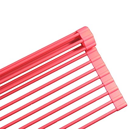 LEASEN Over the Sink Silicone Roll-up Dish Drying Rack(Round rob)(4 Color) (Red)