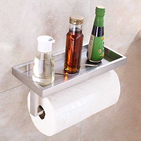 Kitchen Paper Towel Holder with Shelf, APLusee SUS304 Stainless Steel Bathroom Toilet Paper Holder with Wet Wipes Dispenser, Seasonings Spice Rack Storage Organizer (Brushed Nickel)