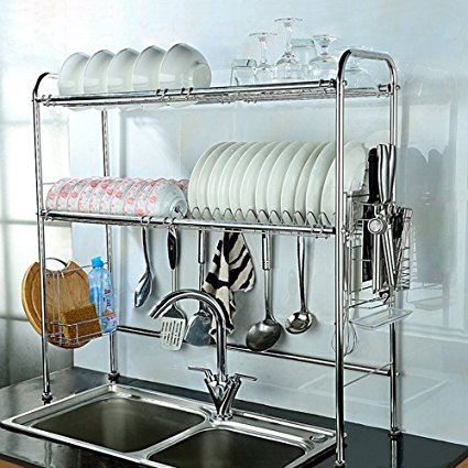 Haitral 2-Tier Double Slot Stainless Steel Kitchen Dish Rack Cutlery Holder Tidy Stacking Shelf