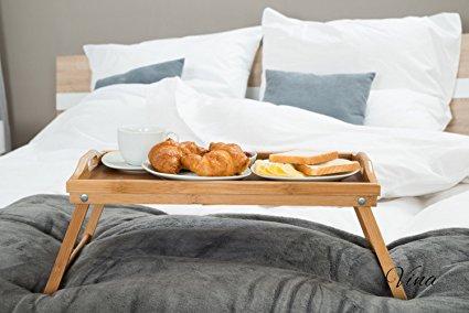 Vina Bamboo Bed Breakfast Tray Table with Folding Legs and Both Sides Handle, 19