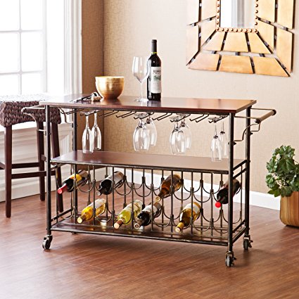 Bar Cart with Glass and Bottle Support, Metal Kitchen Cart Rolling Furniture Island. Portable Pool Bar Great Dining Room Accesories with Storage for Wine. Espresso Shelves with Black and Brushed Gold Frame Drinks Rack