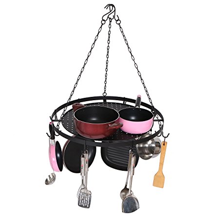 Round Ceiling Mounted Hanging Metal Kitchen Pots and Pans Rack with 7 Removable Hooks, Black