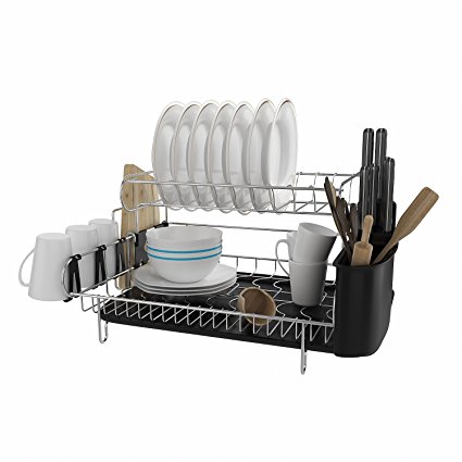 Fast 2-Tier Dish Rack Stainless Steel Kitchen Dish Drying Rack with Removable Drainboard Set & Cutlery Holder (Black)