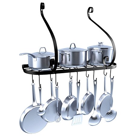VDOMUS Wall Mount Pot Pan Rack, Kitchen Cookware Storage Organizer, 24 by 10 in with 10 Hooks, Black