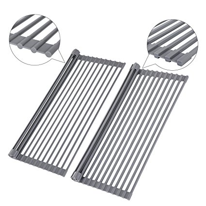 SONGMICS 2 Pack Roll-Up Dish Drainer Rack Over the Sink, Multipurpose Drying Rack, Kitchen Countertop - 20 1/2”L x 13 3/8”W Gray UKDR12GY (Circular Rod + Square Rod)